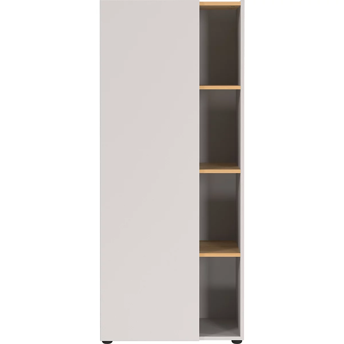 Une armoire blanche avec un côté ouvert qui montre des étagères en bois.