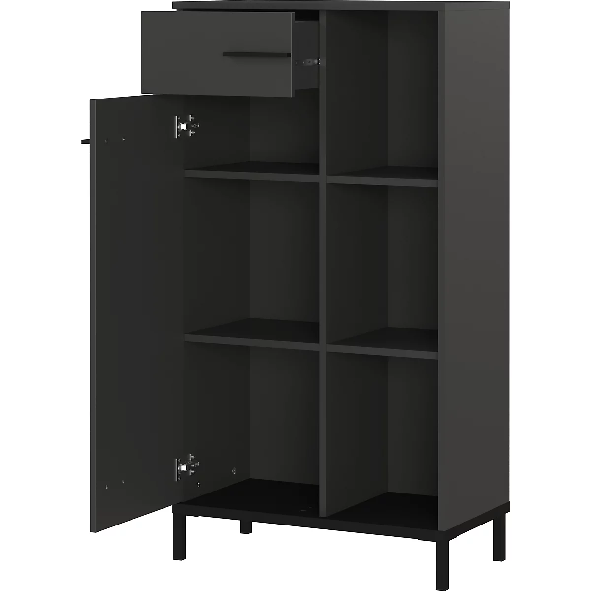 Armoire gris foncé avec porte et tiroir ouverts, étagères à l'intérieur. Pieds noirs. Un meuble moderne.