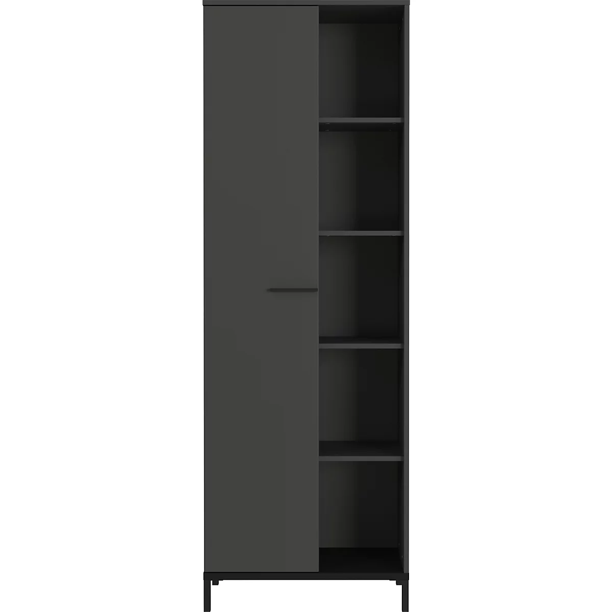 Armoire gris foncé avec porte et partie étagère ouverte.