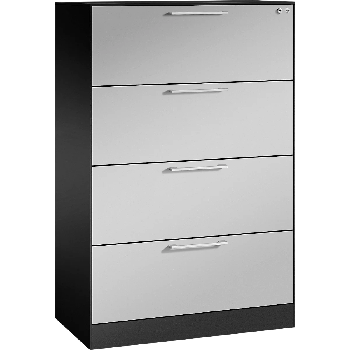 Classeur gris à quatre tiroirs, côtés noirs et poignées argentées.