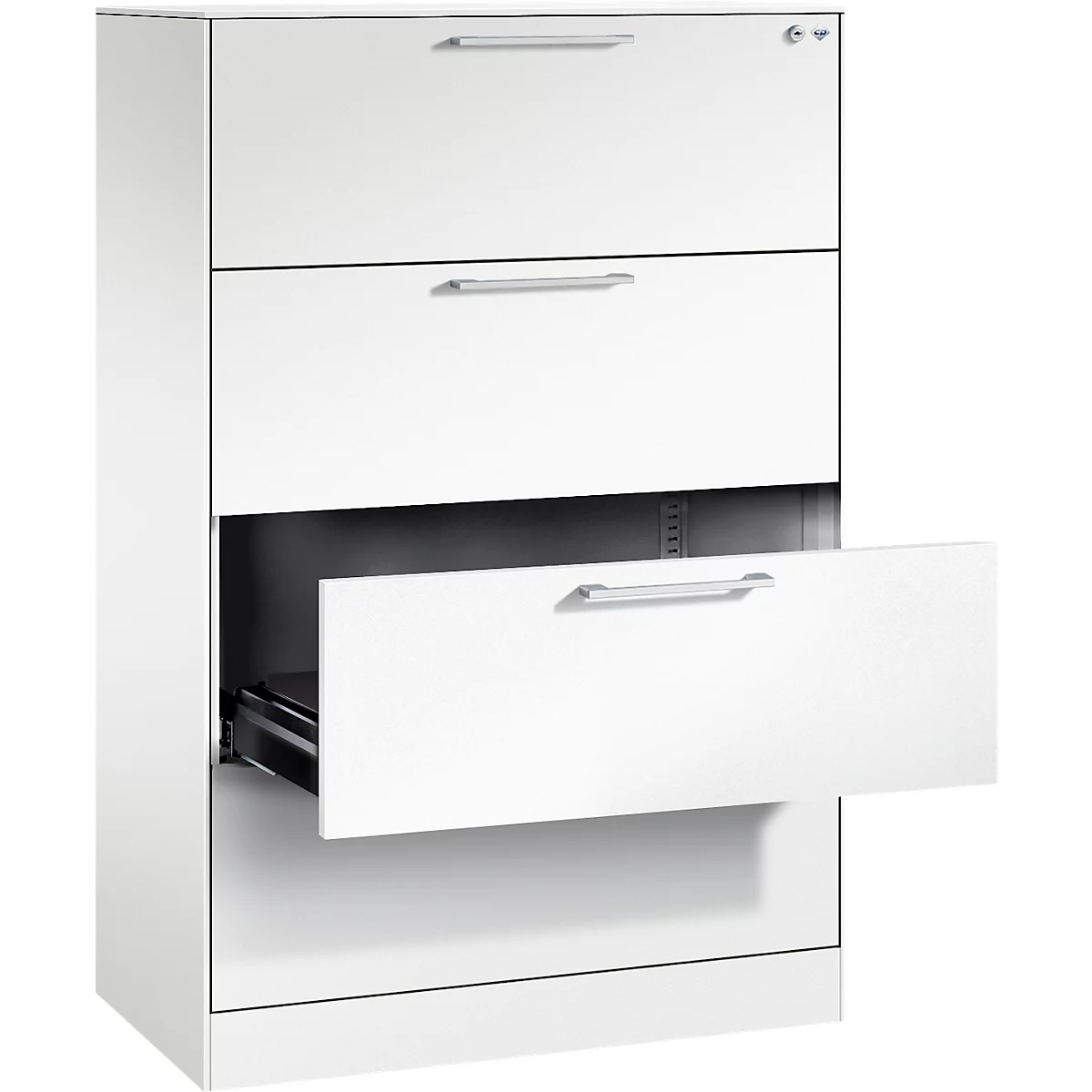 Armoire à fiches, 2 rangées pour A4 horizontal, 4 tiroirs avec extension totale &amp; poignées en forme d'étrier, fermeture centrale, L 800 x P 435 x H 1298 mm, blanc/blanc