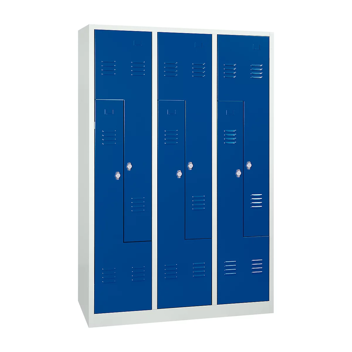 Armoire à linge, 6 compartiments, avec socle, 6 compartiments, avec portes en Z, verrou tournant, gris clair/bleu clair