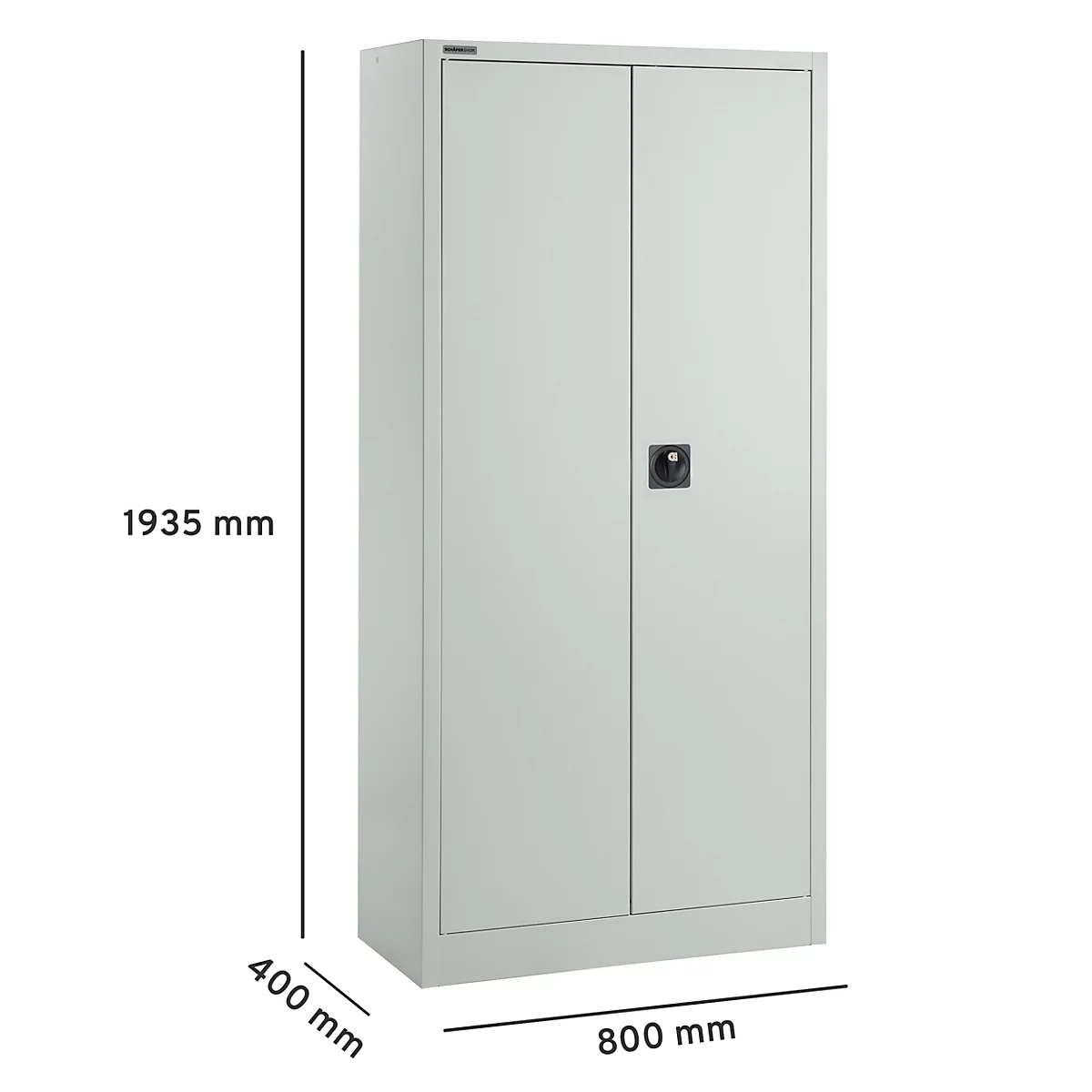 Armoire métallique gris clair à deux portes, poignée noire et dimensions.
