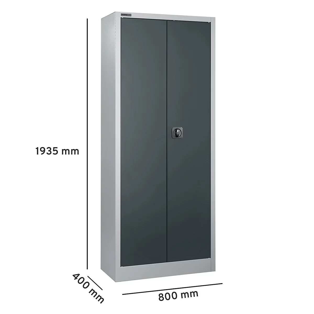 Armoire en acier grise et haute avec portes doubles et serrure. L'image indique les dimensions de 1935 mm de haut, 400 mm de profondeur et 800 mm de large.