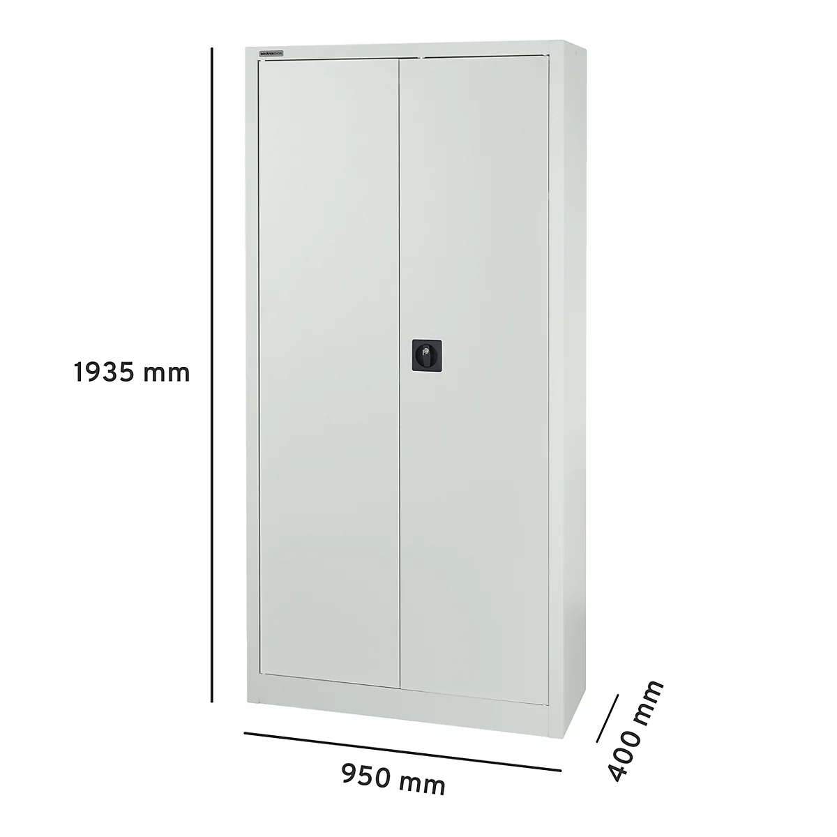 Un meuble blanc à deux portes, poignée noire, et dimensions : 1935 mm de haut, 950 mm de large et 400 mm de profondeur.