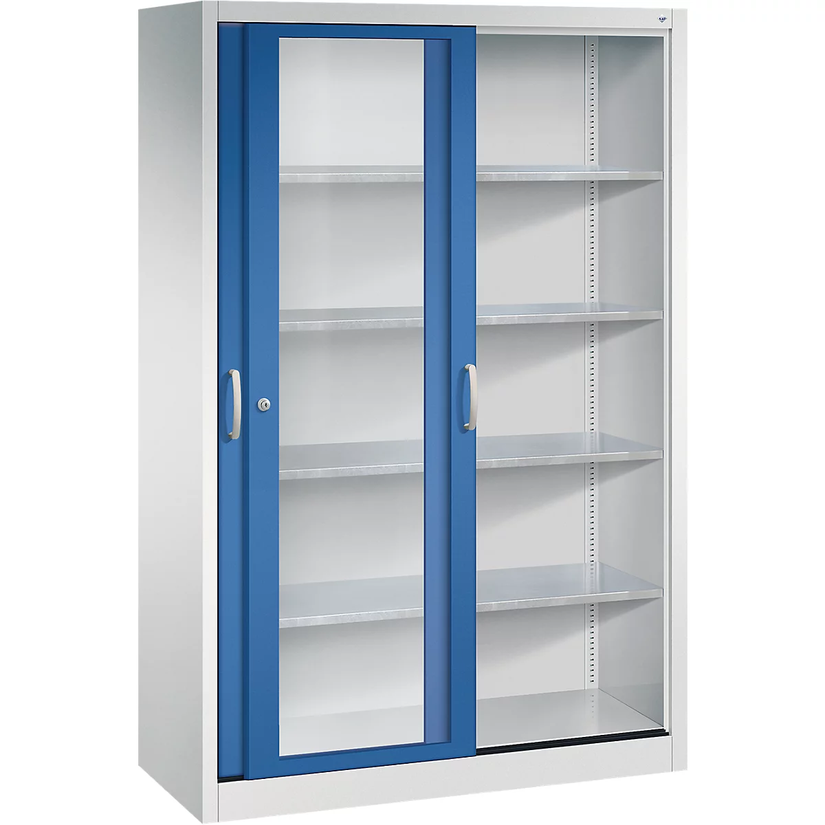 Armoire de bureau en acier gris clair avec une porte coulissante bleue dotée d'une fenêtre et des étagères.