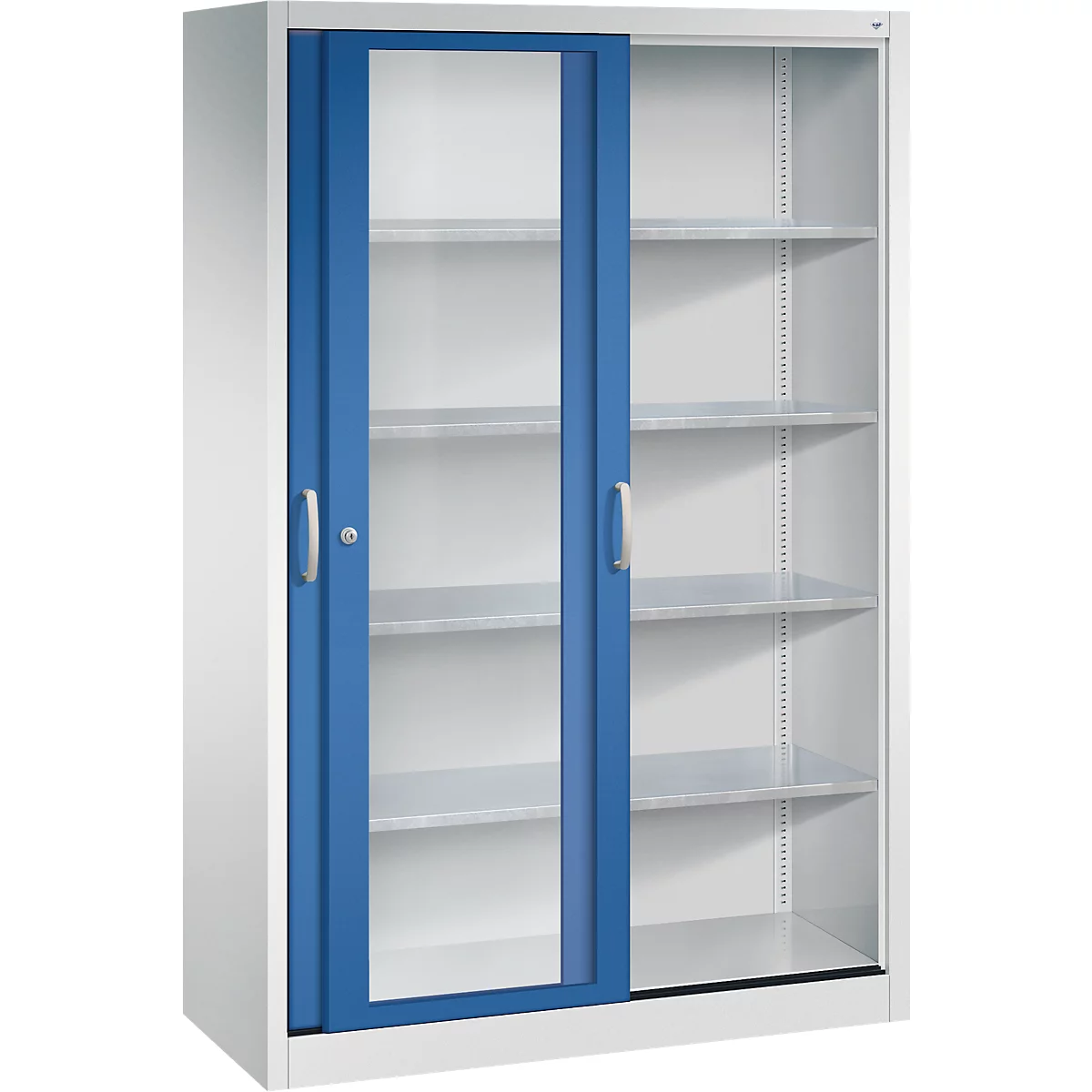 Armoire de bureau en métal gris clair avec deux portes coulissantes en verre bleu.