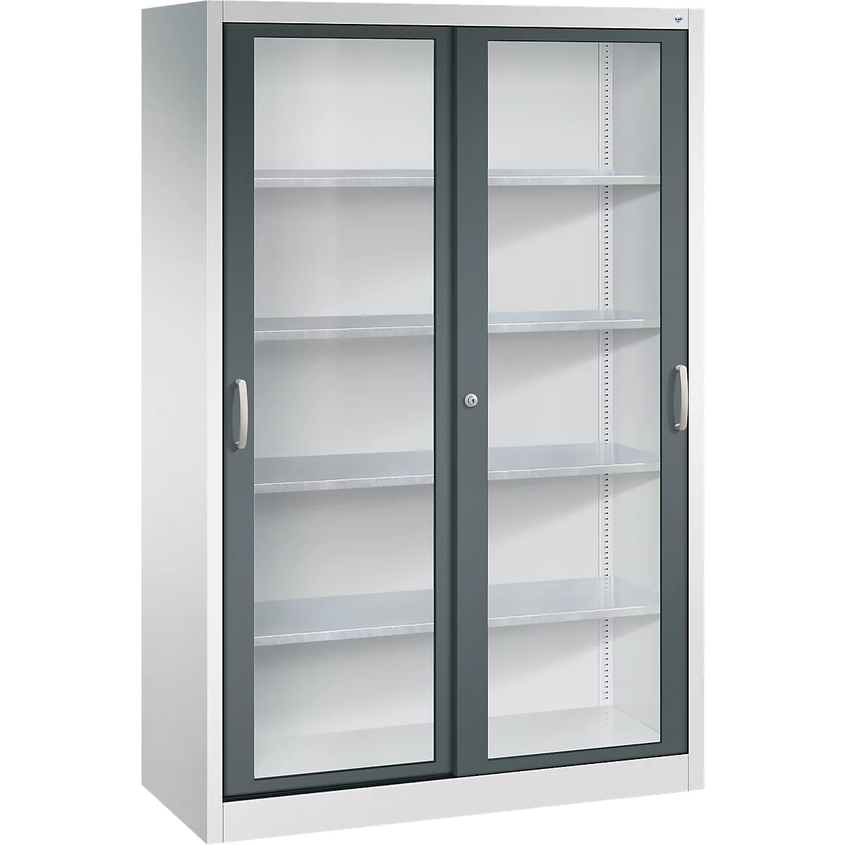 Grande armoire en métal gris clair avec deux portes coulissantes vitrées et quatre étagères visibles.
