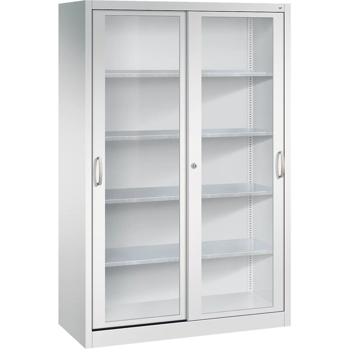 Armoire métallique claire avec deux portes coulissantes vitrées et quatre étagères sur fond blanc.