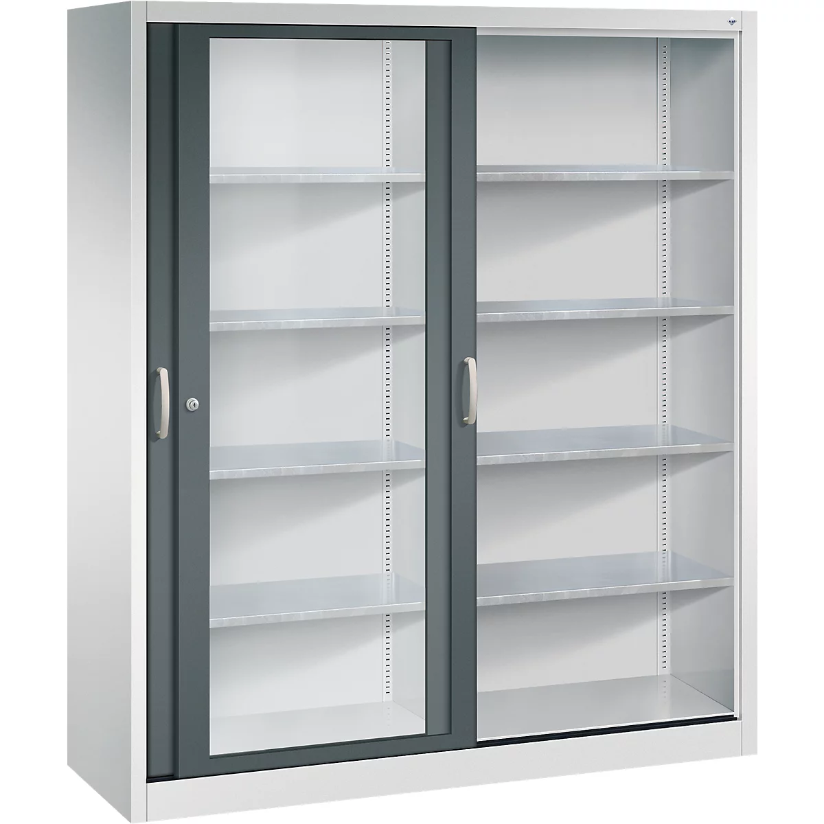 Armoire en métal clair avec portes coulissantes vitrées grises et plusieurs étagères sur fond blanc.