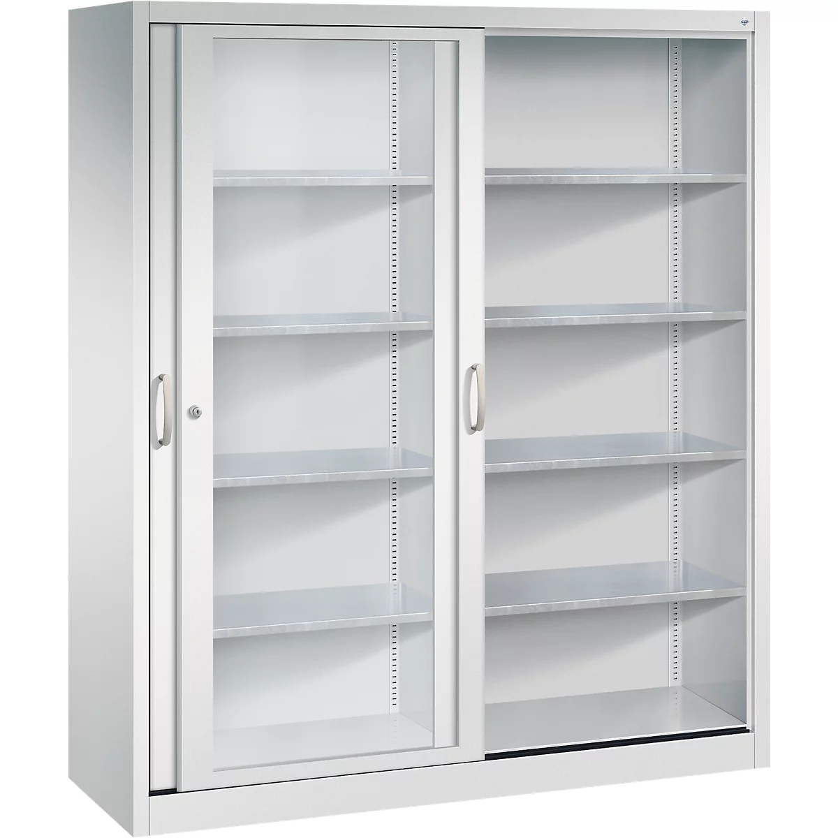 Une armoire en métal gris avec des portes coulissantes en verre et plusieurs étagères sur fond blanc.