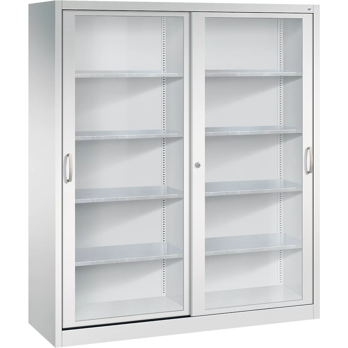Armoire métallique claire avec portes coulissantes en verre et étagères intérieures sur fond neutre.