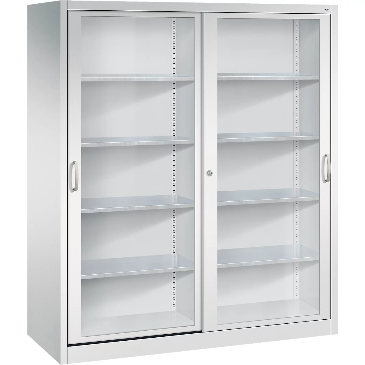 Armoire métallique grise avec deux portes coulissantes vitrées et quatre étagères sur fond clair.