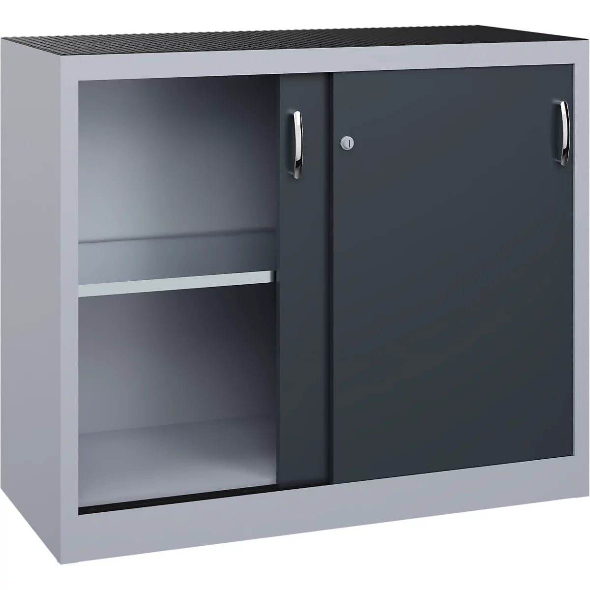 Armoire murale en métal avec corps gris, portes coulissantes gris foncé et poignées argentées sur fond blanc.