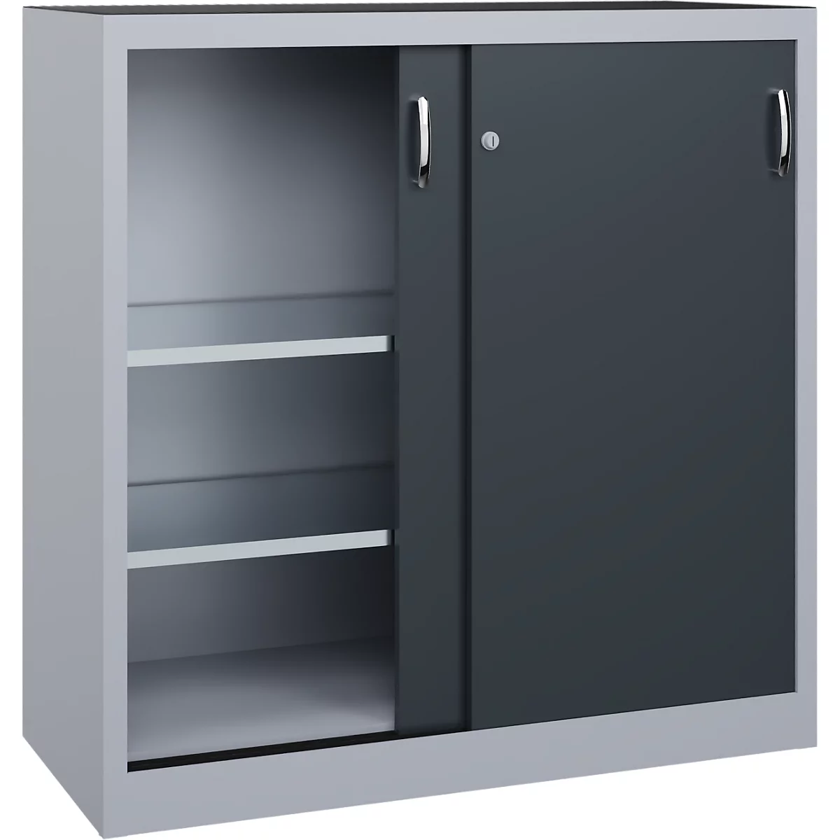 Armoire métallique grise avec portes coulissantes et étagères sur fond clair.