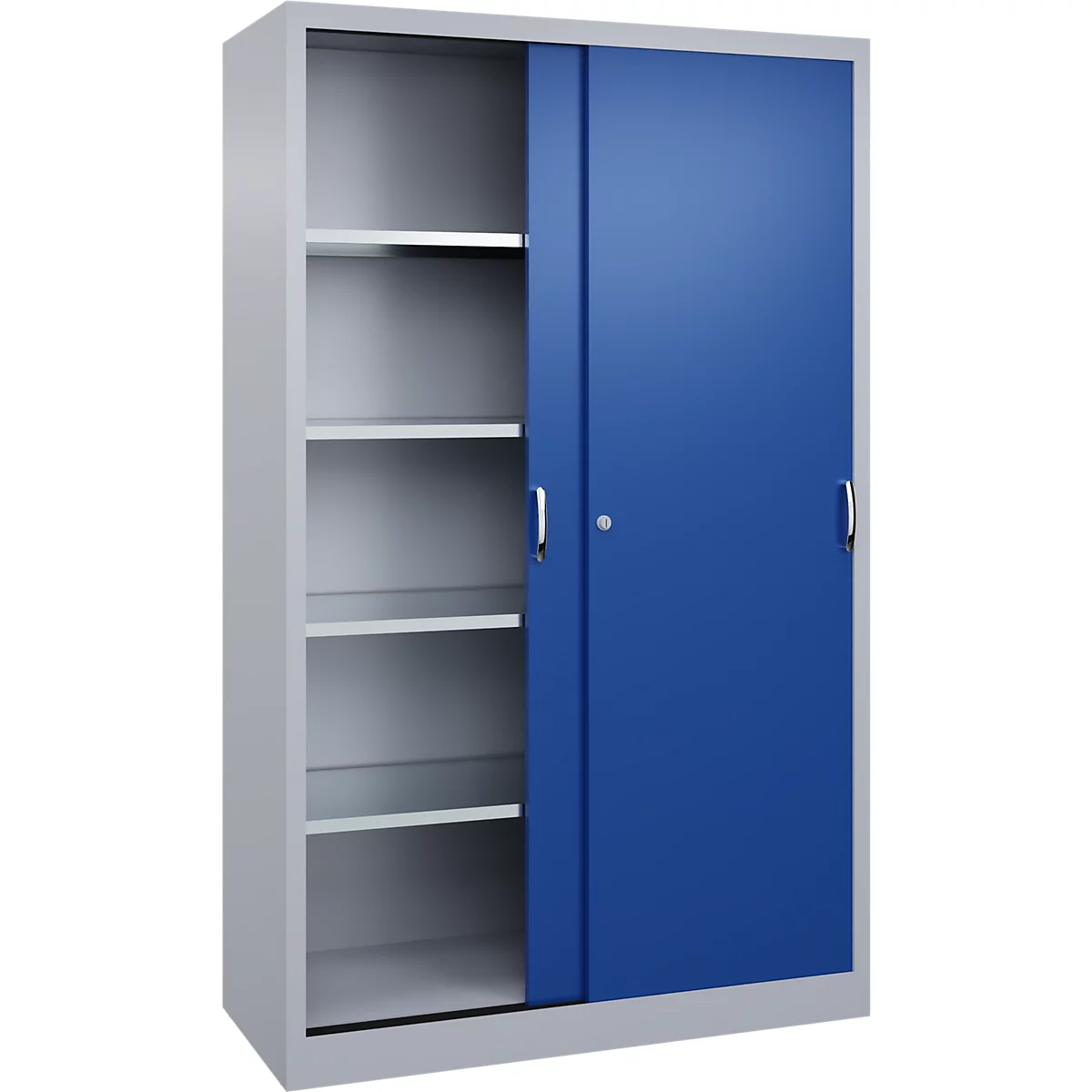 Armoire en acier gris avec portes coulissantes bleues, partiellement ouverte, avec plusieurs étagères sur fond blanc.