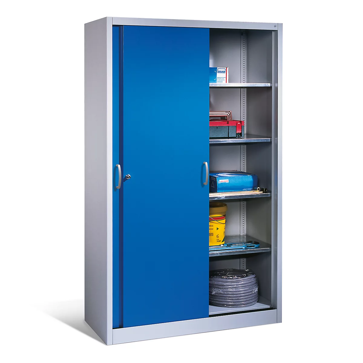 Armoire métallique grise avec porte coulissante bleue, entrouverte, montrant des étagères remplies.
