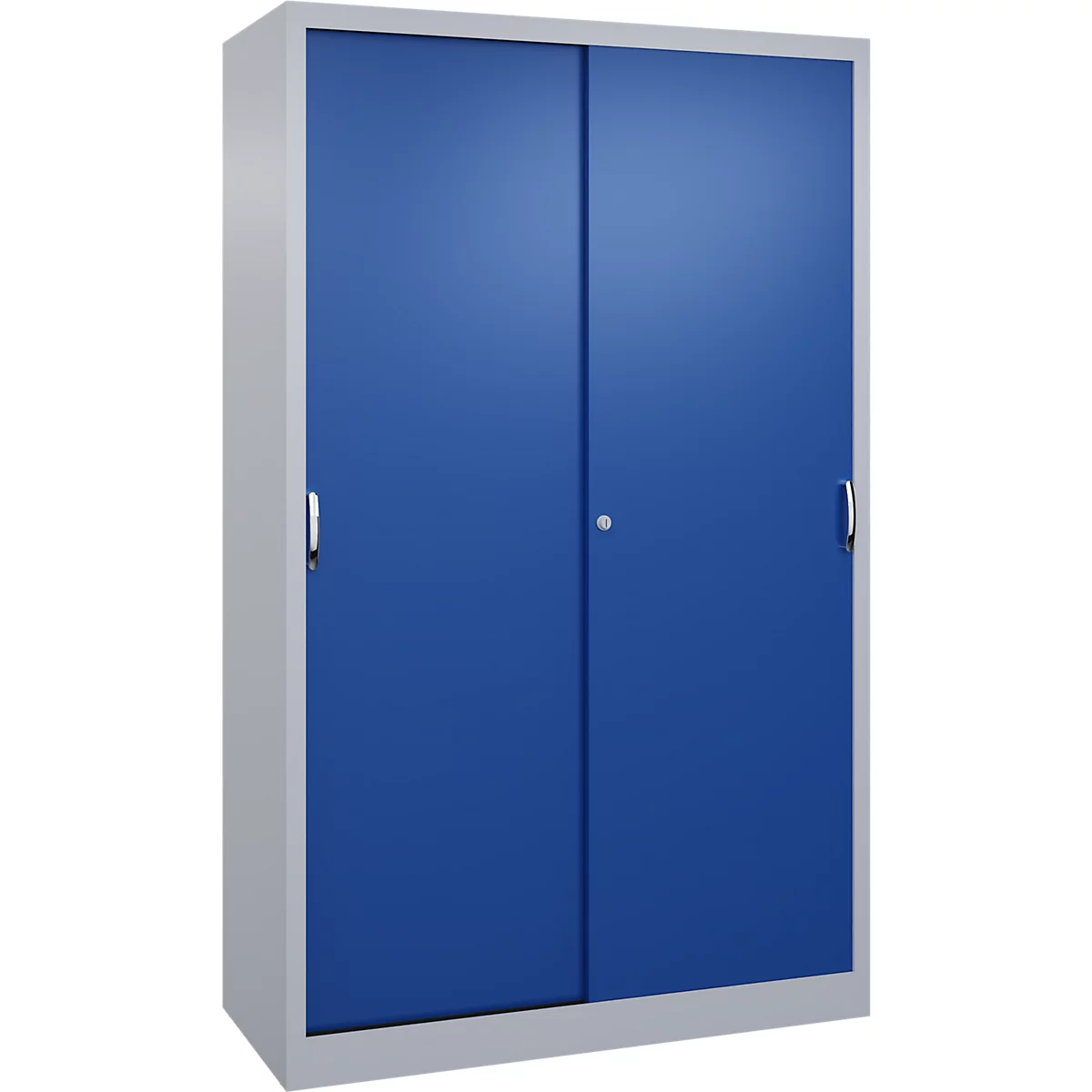 Armoire métallique grise avec deux portes coulissantes bleues et poignées argentées sur fond blanc.