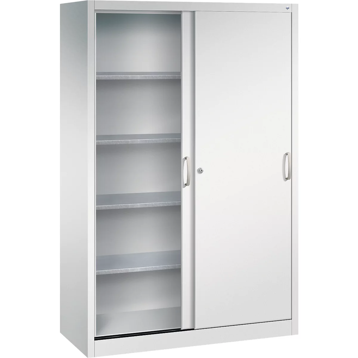 Armoire métallique claire avec portes coulissantes et quatre étagères sur fond blanc.