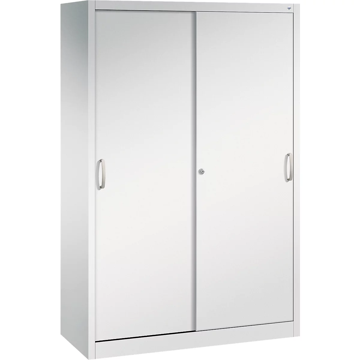 Une armoire métallique blanche minimaliste avec deux portes coulissantes et des poignées argentées sur fond neutre.