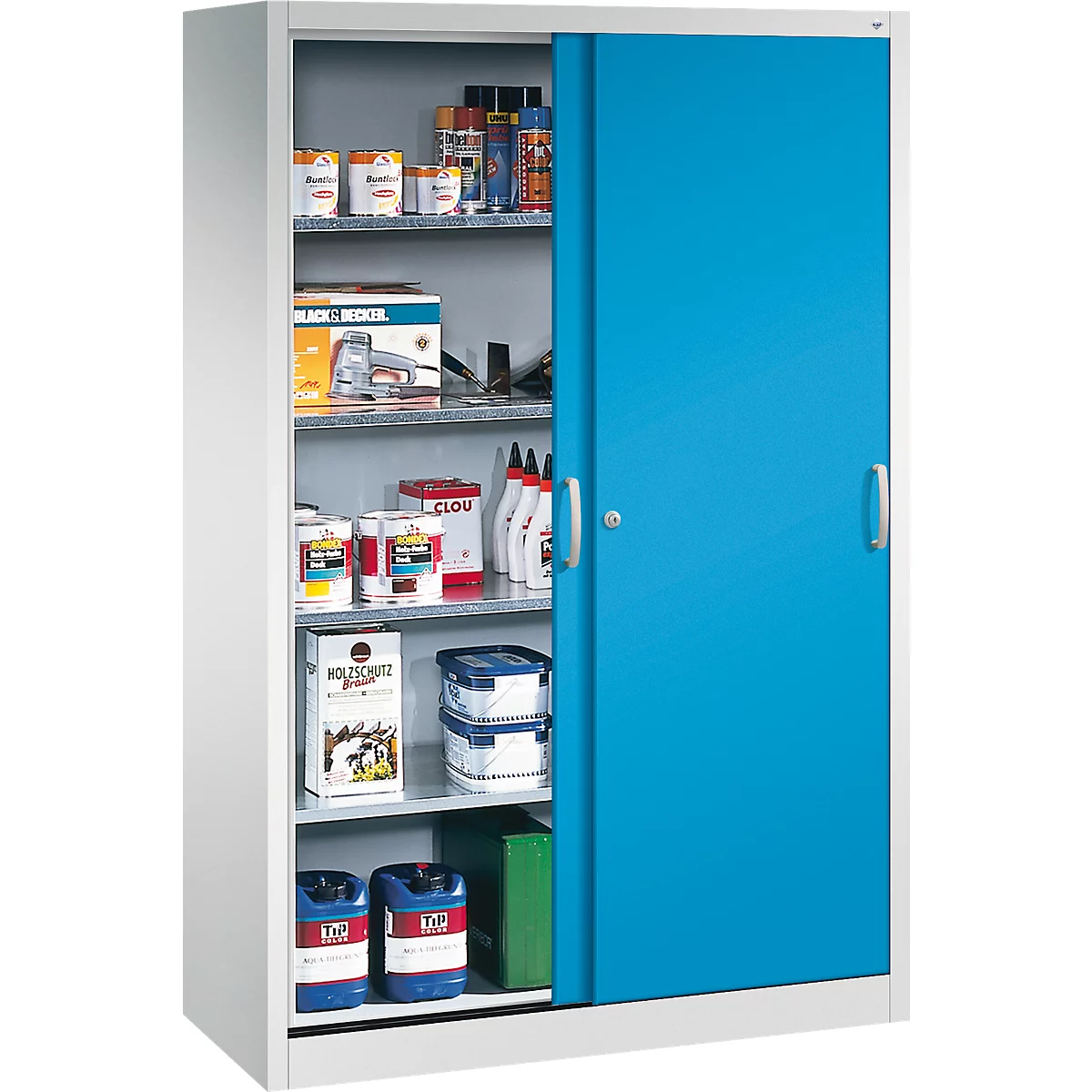 Une armoire en métal gris avec une porte coulissante bleu vif, remplie de divers outils et pots de peinture sur les étagères.