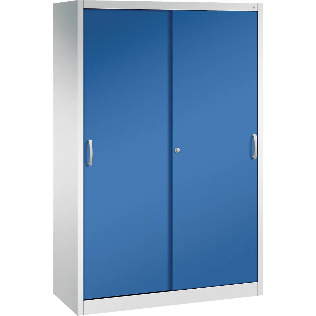 Grande armoire en acier avec parois latérales blanches et deux portes coulissantes bleues.