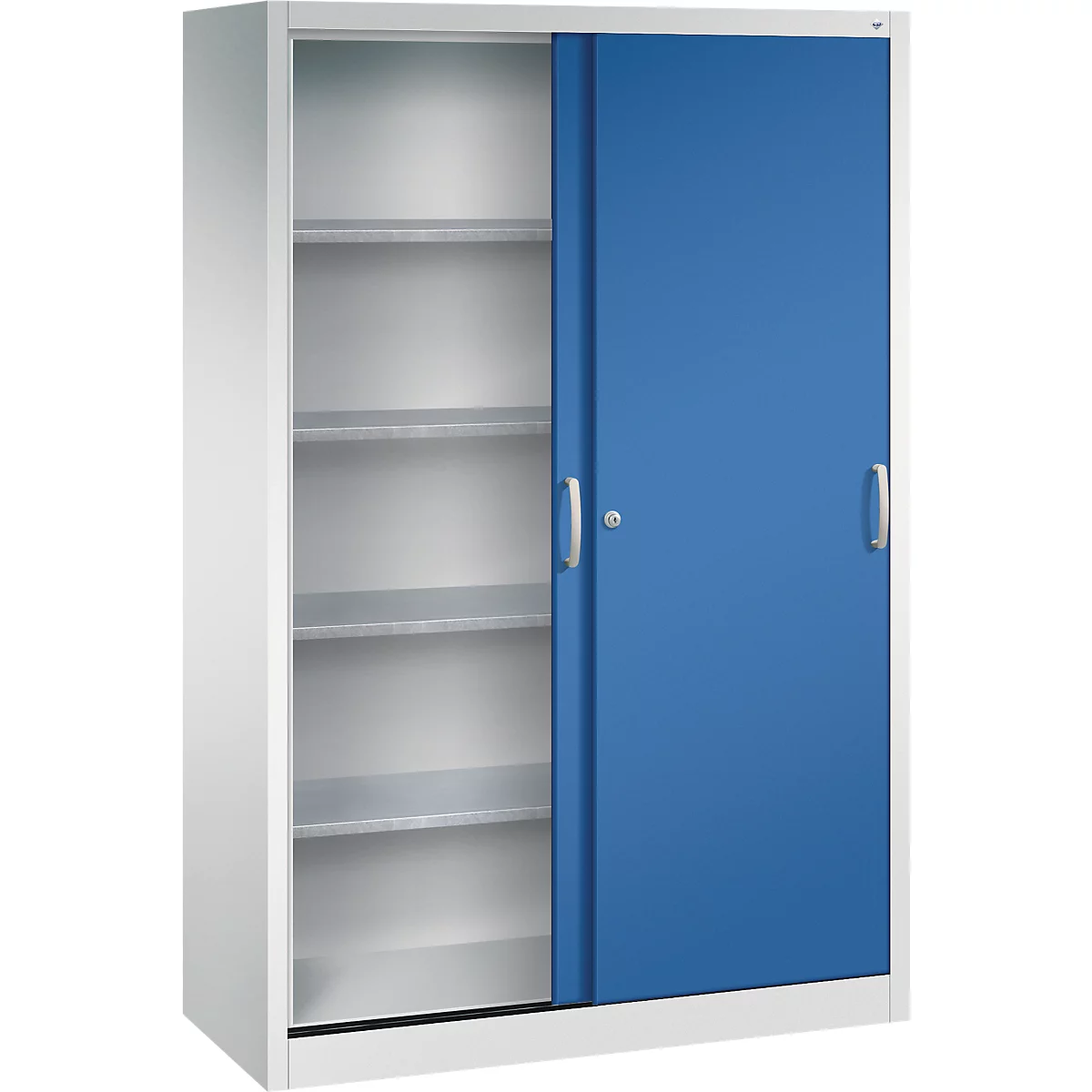 Armoire de bureau blanche à portes coulissantes avec une porte bleue et quatre étagères visibles.