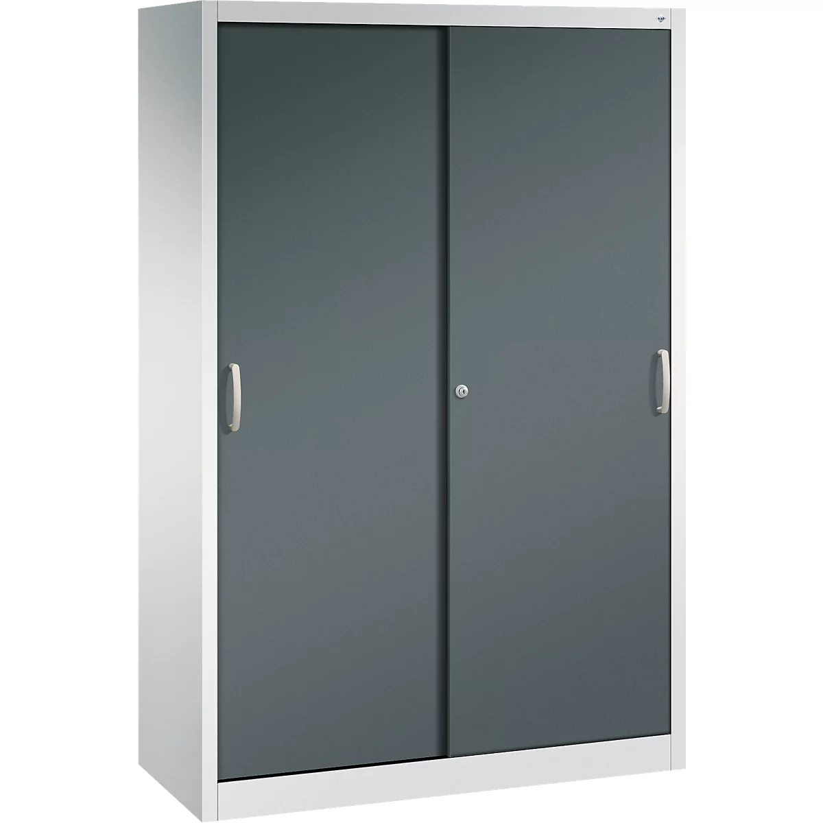 Armoire métallique grise avec portes coulissantes et cadre blanc sur fond clair.