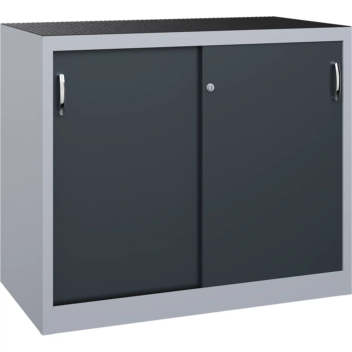 Armoire métallique grise avec deux portes coulissantes, cadre argenté et poignées verrouillables.