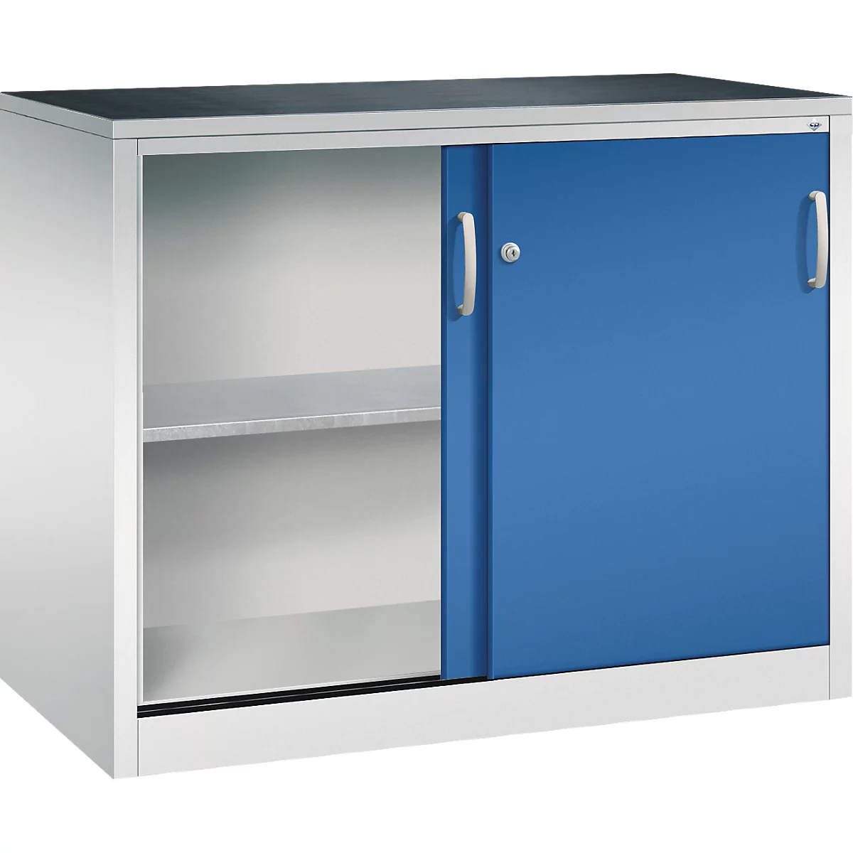 Armoire métallique grise avec une porte coulissante bleue et un compartiment ouvert.