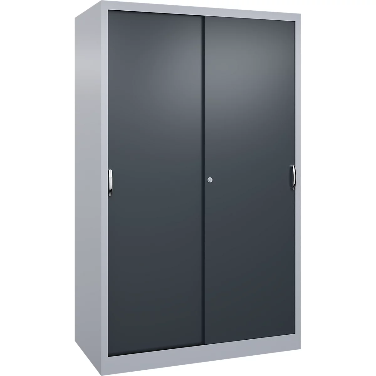 Armoire en métal gris avec deux portes coulissantes sombres sur fond neutre.