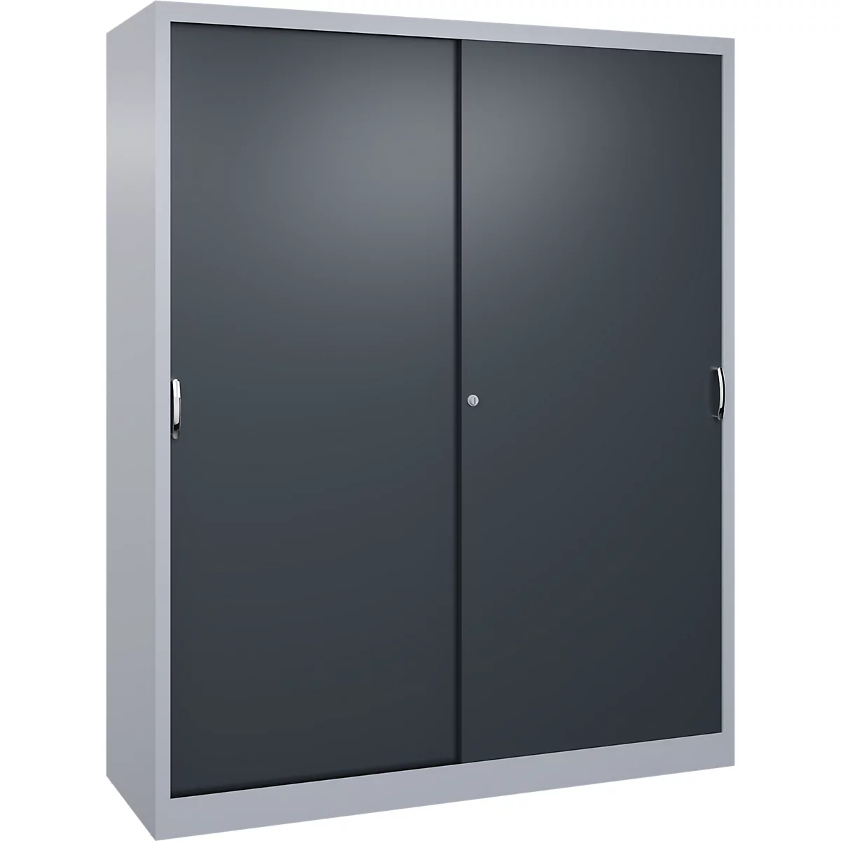 Une armoire métallique grise avec deux portes coulissantes anthracite et une serrure intégrée.