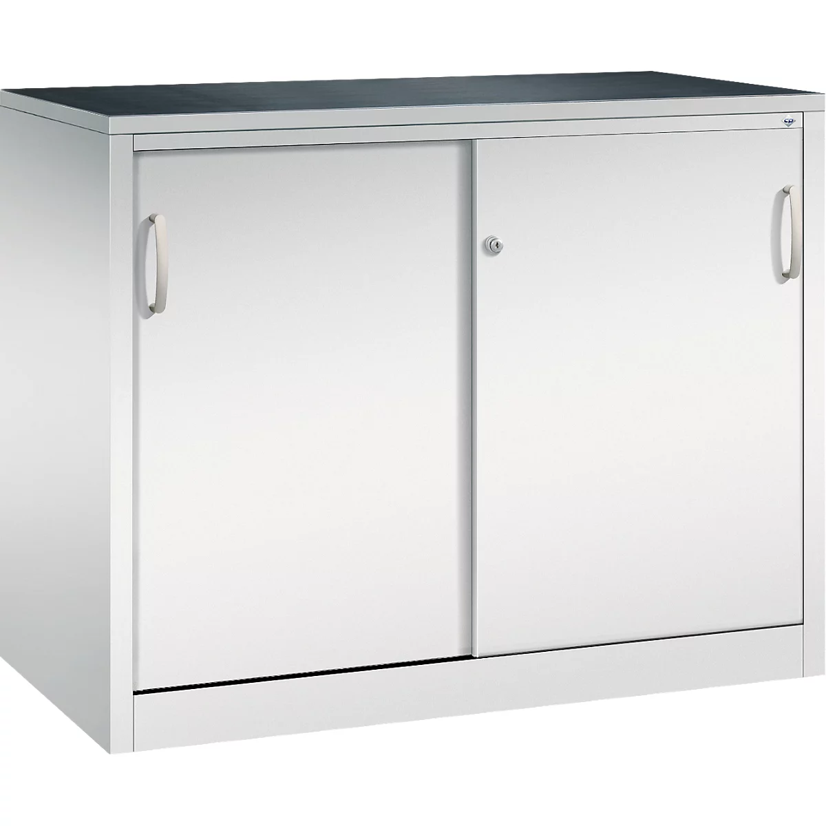 Armoire à dossiers en métal clair avec deux portes coulissantes, poignées argentées et serrure centrale sur fond blanc.