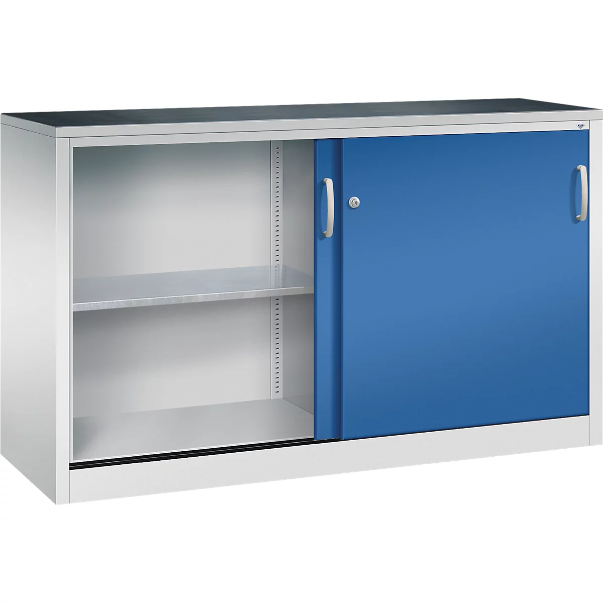Une armoire métallique blanche avec une porte coulissante bleue et un compartiment ouvert.