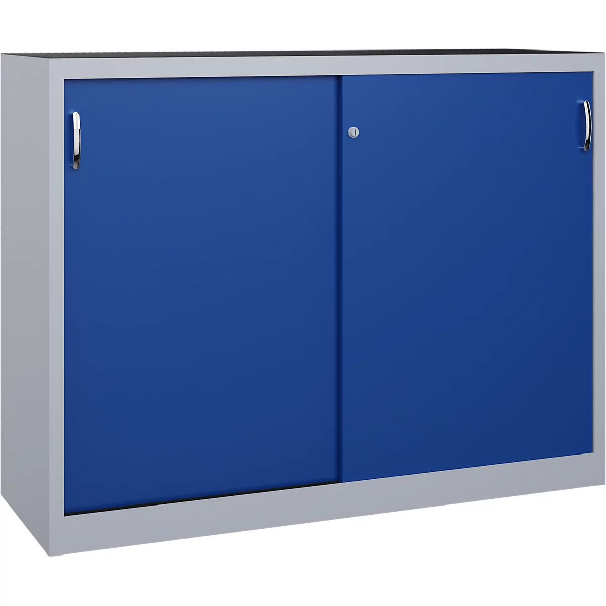 Une armoire métallique bleue avec un cadre gris et deux portes coulissantes, équipée de poignées en métal et d'une serrure.