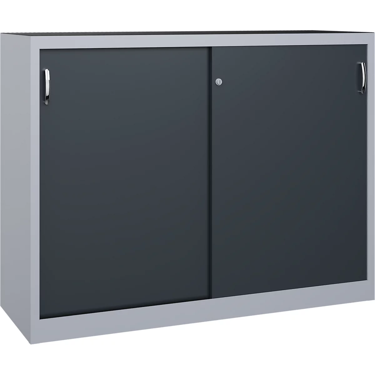 Armoire métallique grise avec deux portes coulissantes gris foncé, poignées argentées et serrure intégrée.
