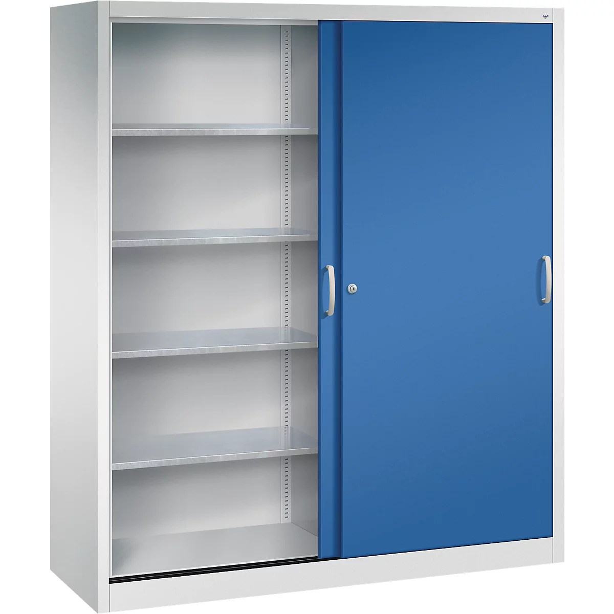 Armoire de bureau blanche avec une porte coulissante bleue et quatre étagères ouvertes.
