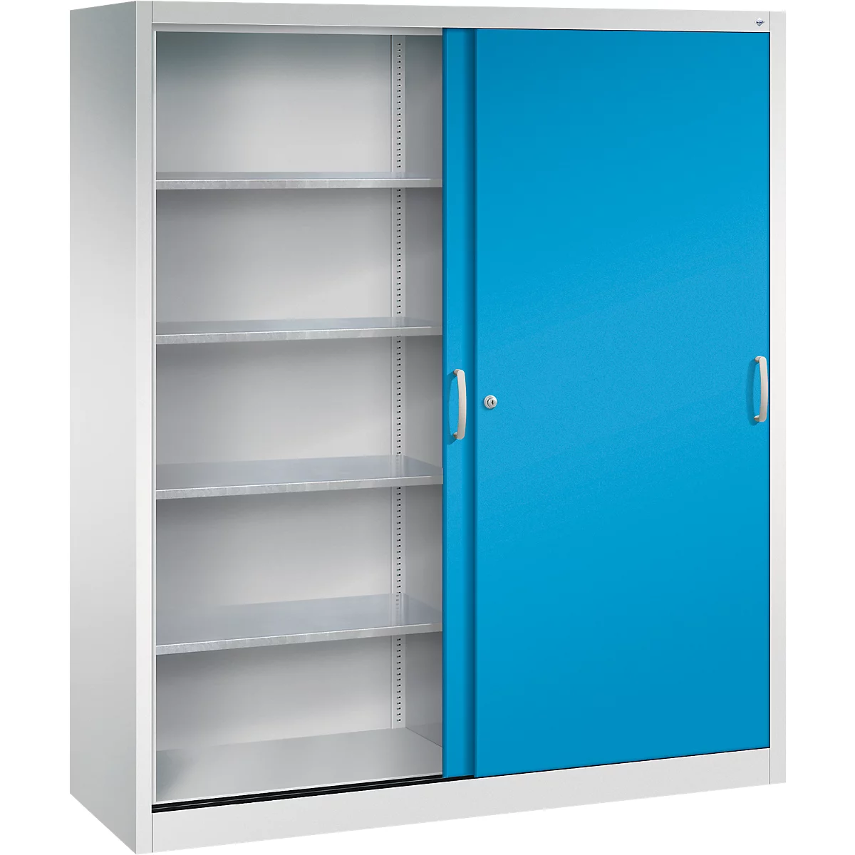 Armoire de bureau avec cadre blanc et portes coulissantes bleues, entrouverte avec quatre étagères.