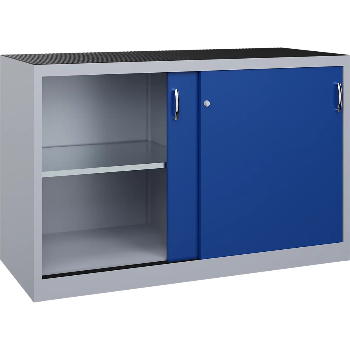 Une armoire métallique grise avec une porte coulissante bleue et une étagère ouverte sur le côté gauche.