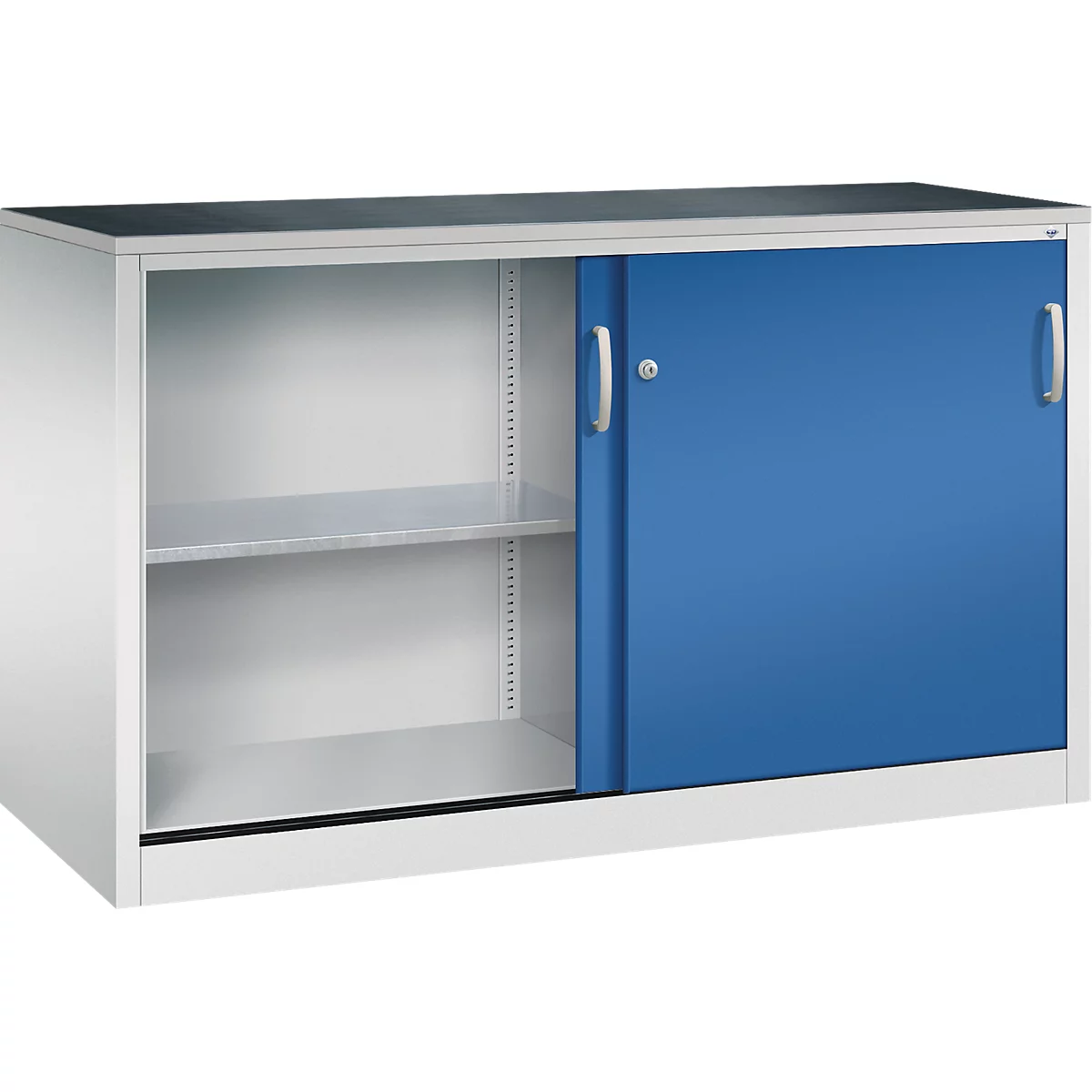 Armoire de bureau mi-haute blanche avec une porte coulissante bleue et une serrure sur fond neutre.