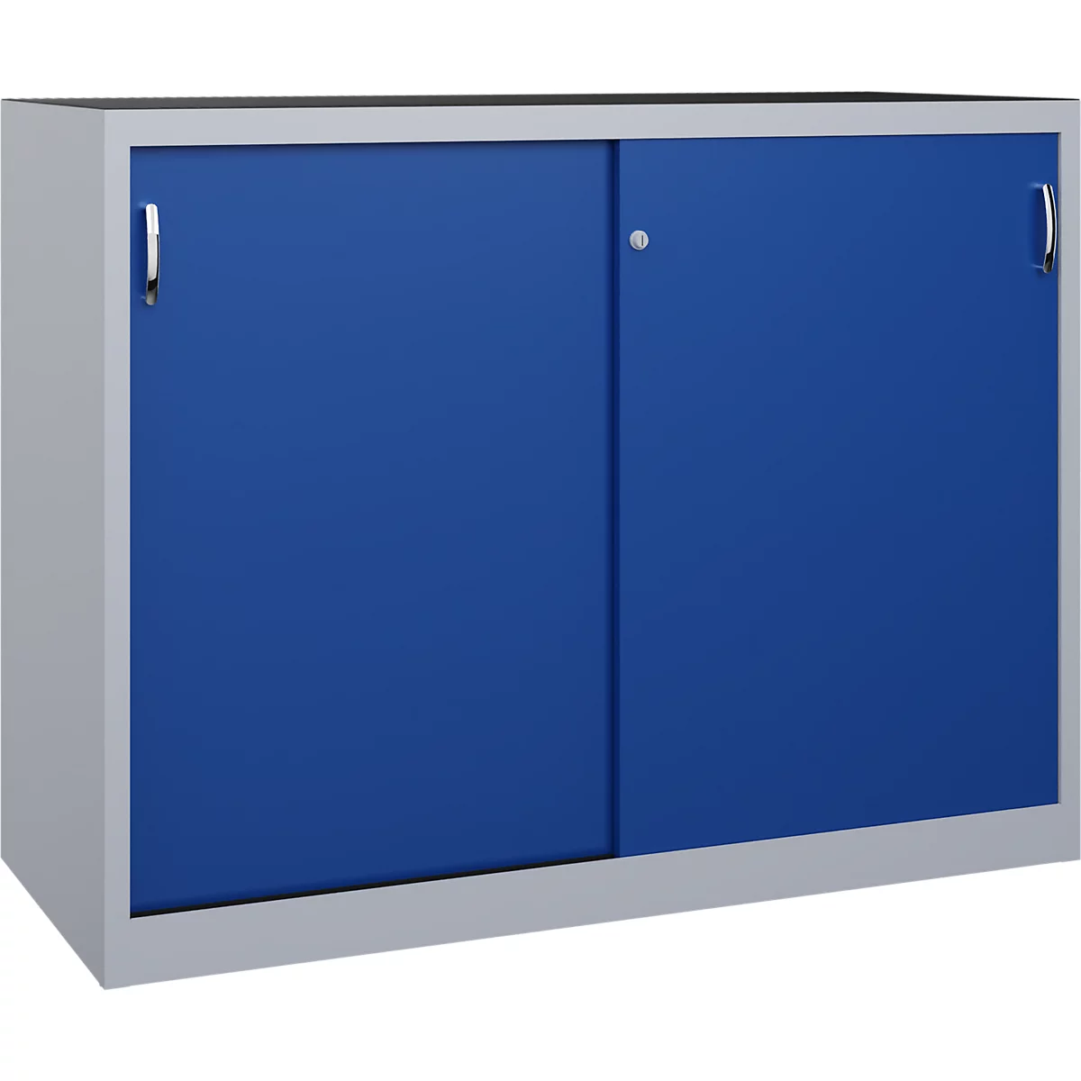 Une armoire en acier bleu avec deux portes coulissantes et un cadre argenté sur fond blanc.