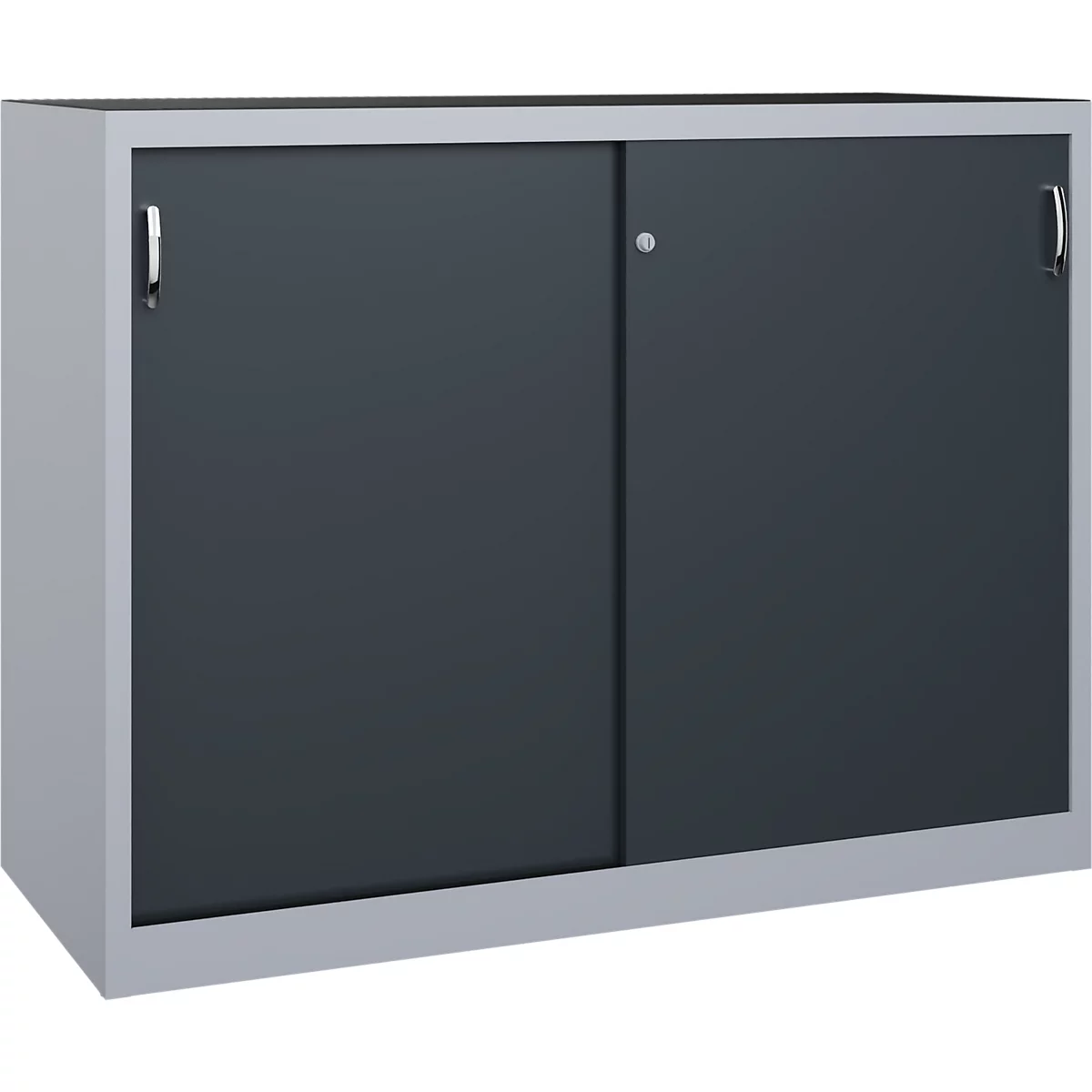 Armoire de bureau grise avec deux portes coulissantes gris foncé et poignées argentées.