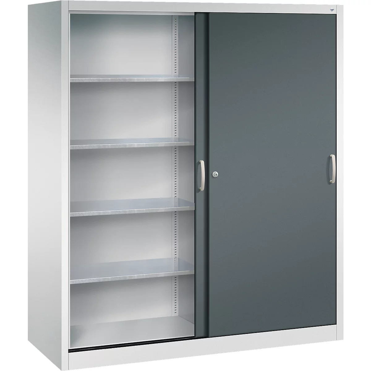 Armoire de bureau avec cadre blanc et porte coulissante gris foncé, entrouverte, montrant quatre étagères.
