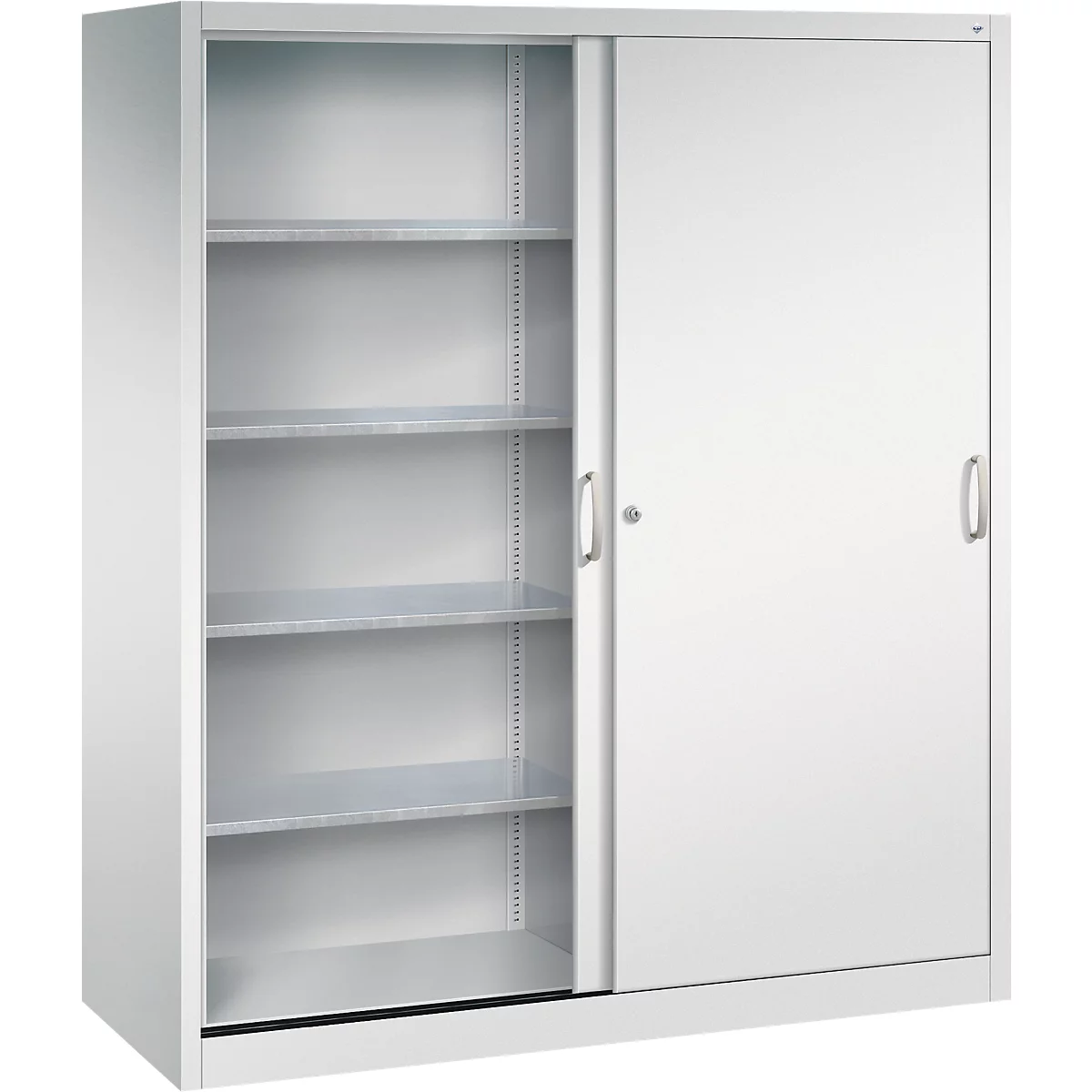 Armoire métallique grise avec portes coulissantes et étagères sur fond blanc.