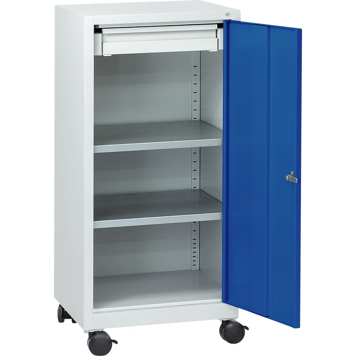 Armoire à outils à roulettes, porte à charnières, 2 étagères, 1 tiroir, L 500 x P 500 x H 1000 mm, verrouillable, gris/bleu clair 