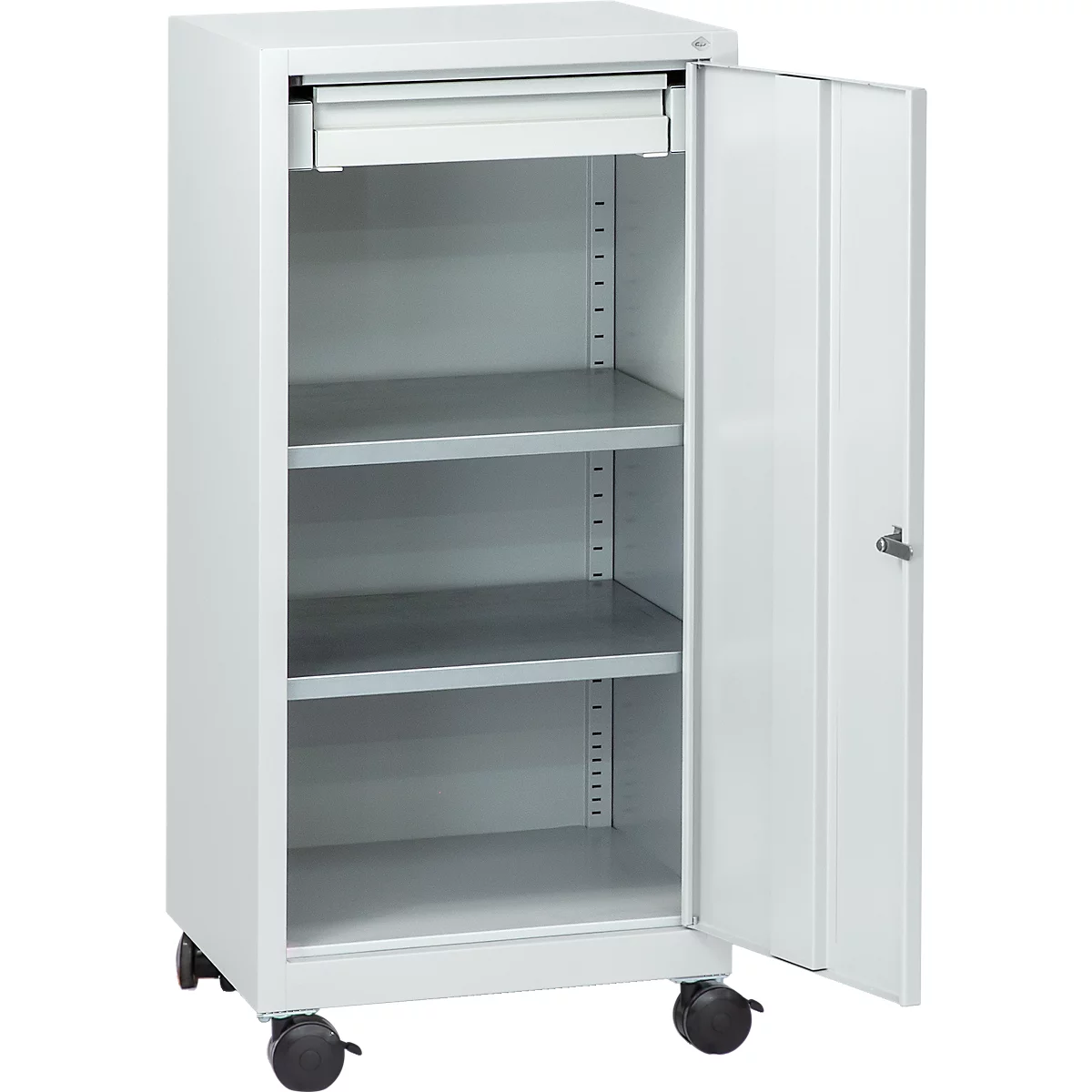 Armoire à outils à roulettes, porte à charnières, 2 étagères, 1 tiroir, L 500 x P 500 x H 1000 mm, verrouillable, gris clair 