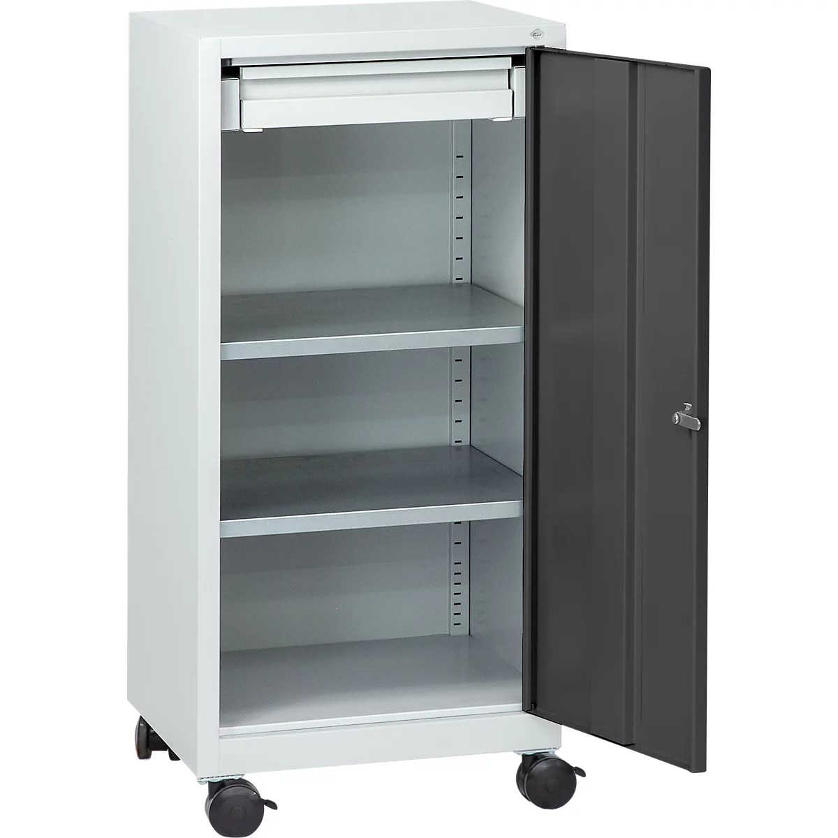 Armoire à outils à roulettes, porte à charnières, 2 étagères, 1 tiroir, L 500 x P 500 x H 1000 mm, verrouillable, gris clair/anthracite 