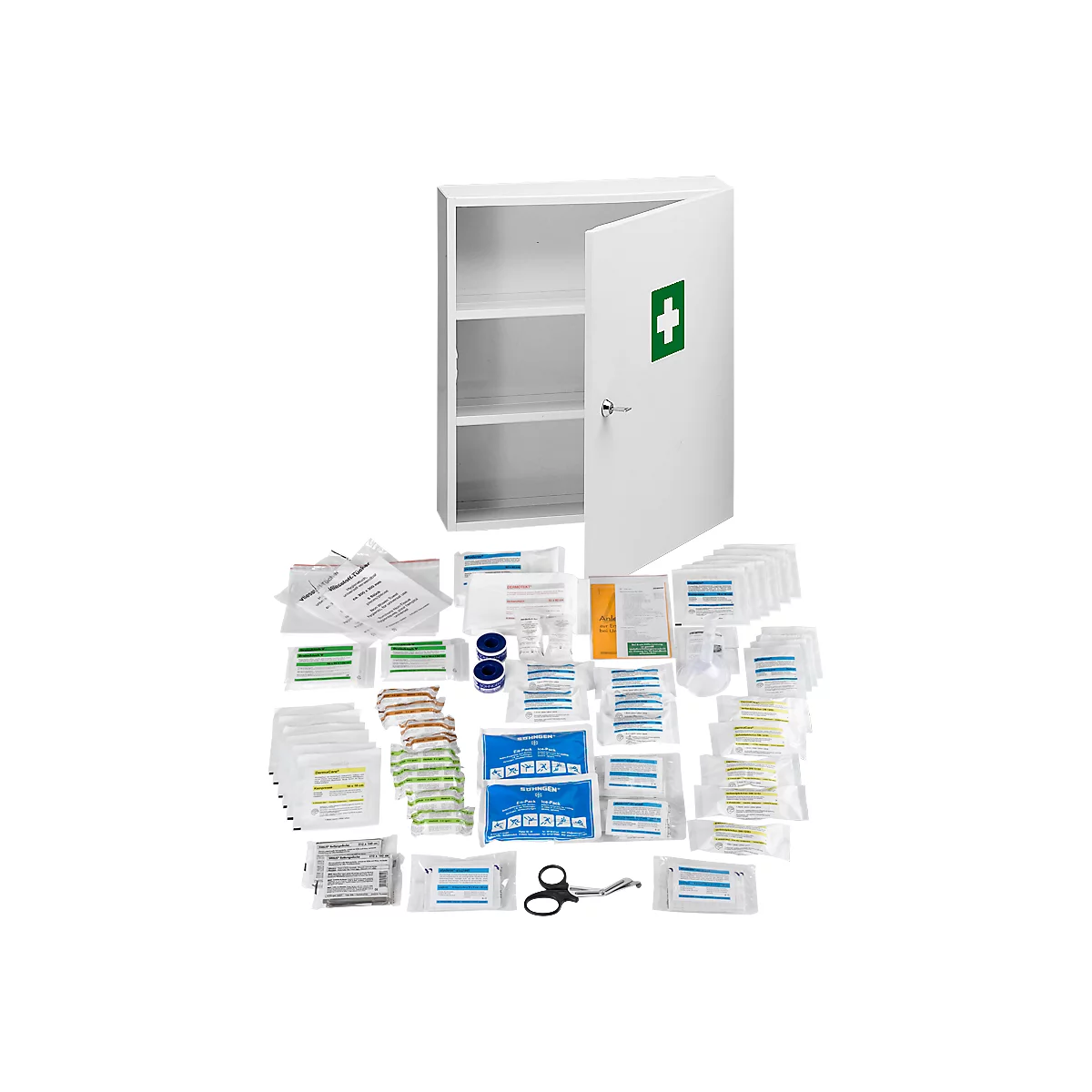 Armoire à pharmacie en métal, l. 400 x P 110 x H 455 mm, , avec contenu conforme à la norme DIN 13169, gris clair