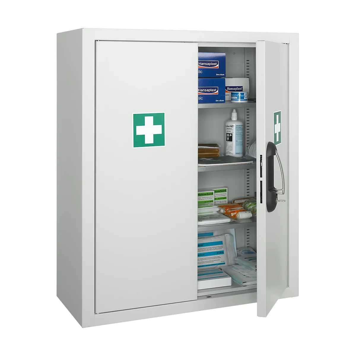 Armoire à pharmacie en métal, l. 670 x P 260 x H 780 mm, avec contenu conforme à la norme DIN 13169