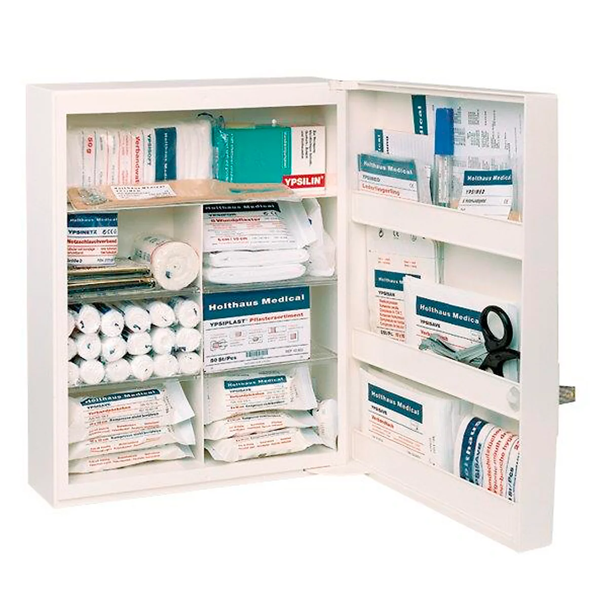 Armoire à pharmacie FAMULUS, verrouillable, pour kits de remplissage DIN 13157 &amp;13169, 7 compartiments intérieurs, L 350 x P 150 x H 450 mm, blanc